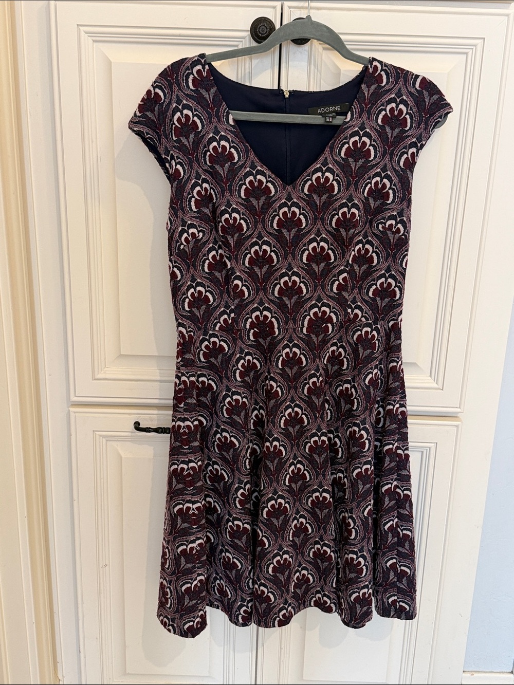 Adore Burgundy and Navy Patterned Fit-and-Flare Midi Dress
